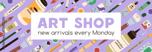 Art supplies shop banner design. Craft store ad background with painting accessories, tools. Creative market promotion, advertisement template with artists stationery. Flat vector illustration