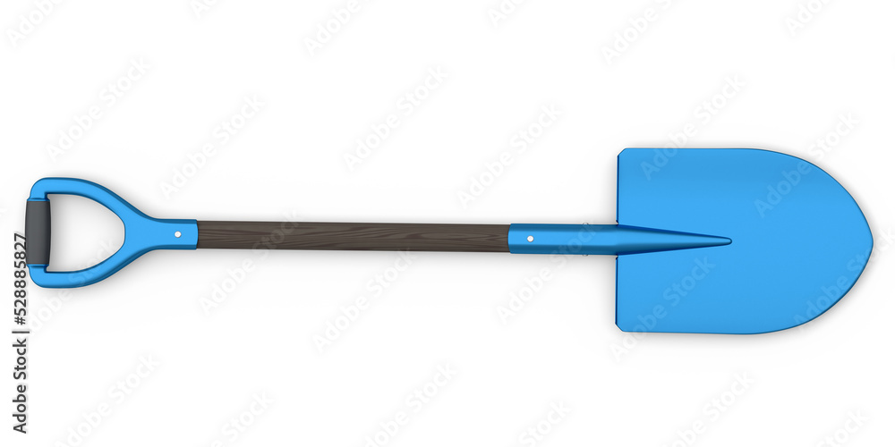Garden shovel with wooden handle on white background, summer camping concept Garden shovel with wooden handle on white background, summer camping concept