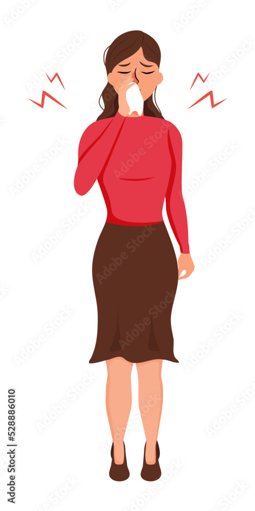 The girl sneezes into a handkerchief. Reddened and inflamed nose. Vector stock illustration. White background. isolated. Malaise. Colds and snot The girl sneezes into a handkerchief. Reddened and inflamed nose. Vector stock illustration. White background. isolated. Malaise. Colds and snot