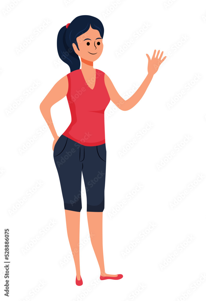 The girl says hello. White background. isolated. Flat style. Character. Vector stock illustration. The girl says hello. White background. isolated. Flat style. Character. Vector stock illustration.