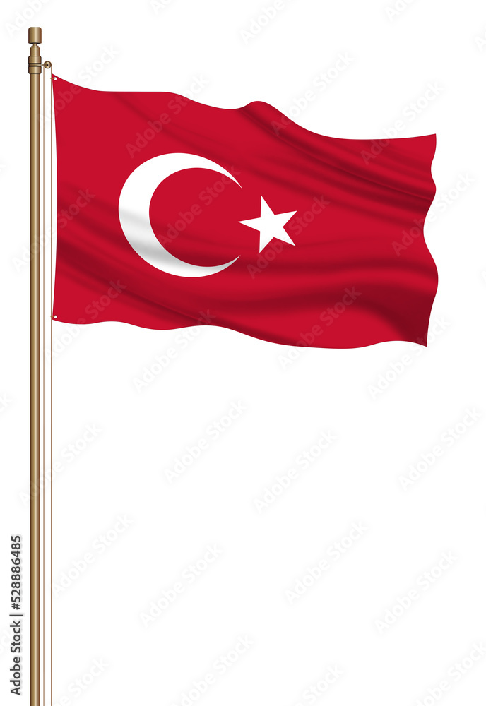 3D Flag of Turkiye on a pillar blown away isolated on a white background. 3D Flag of Turkiye on a pillar blown away isolated on a white background.