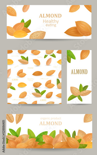 collection of banners with fresh whole nuts. card with nutty bor