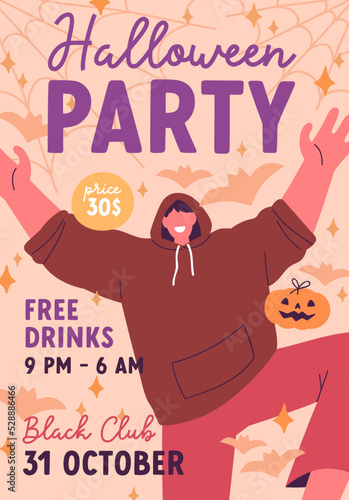 Halloween card design for holiday party. Helloween ad flyer, promo poster bac...