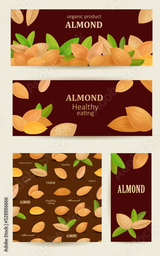 collection of banners with fresh whole nuts. card with nutty bor
