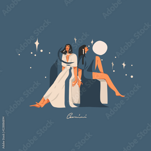 Hand drawn vector abstract graphic astrology illustration with modern,artistic contemporary print template of boho zodiac sign Gemini.Zodiac adult female character design.Fashion magic symbol concept.