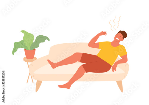 Man suffers from the heat lying at home on couch. Male sweats and waves his hand. Unhappy guy feeling sick. Wilted flower. Global warming and extreme heat concept. Vector illustration.