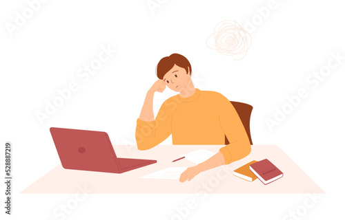 Tired man studying in front of computer. Tangled bundle of thoughts, books and paper with scribbles. Hard learning with a lot of information, preparation for exams, strain, stress. Tired male student.