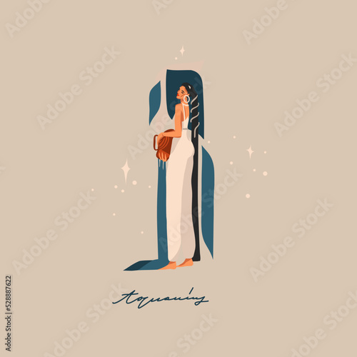 Hand drawn vector abstract graphic astrology illustration with modern,artistic contemporary template of boho zodiac sign Aquarius.Zodiac adult female character design.Fashion magic symbol concept.