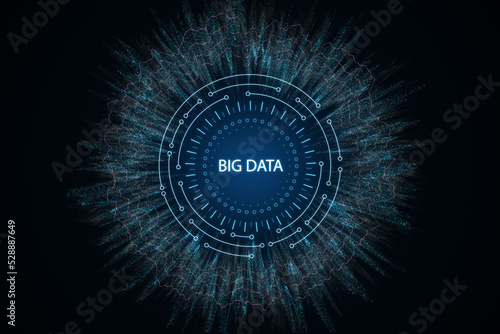 abstract round big data hologram on dark background. Code and digital science concept. 3D Rendering.