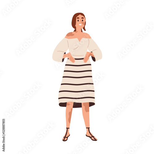 Happy woman with vitiligo. Young girl with patchy skin pigmentation, moles, marks. Modern pretty female with autoimmune depigmentation disease. Flat vector illustration isolated on white background
