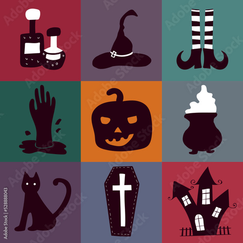 Happy Halloween Set. Set of simple color vector illustrations. Elements for the design of cards  posters  invitations.