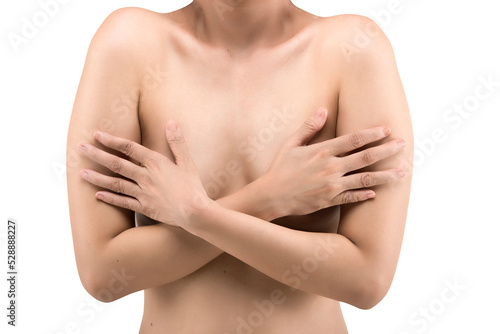 The woman holding her breast