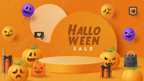 Halloween display podium decoration background with scary ornament. Vector 3D Illustration