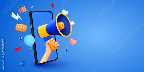 3d hand holding megaphone speaker in smartphone for announce. Social media promotion mockup.