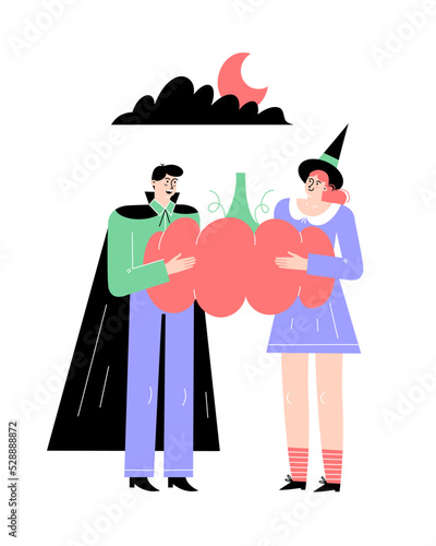 Halloween party poster. Happy people in masquerade costumes holding a big pumpkin. 