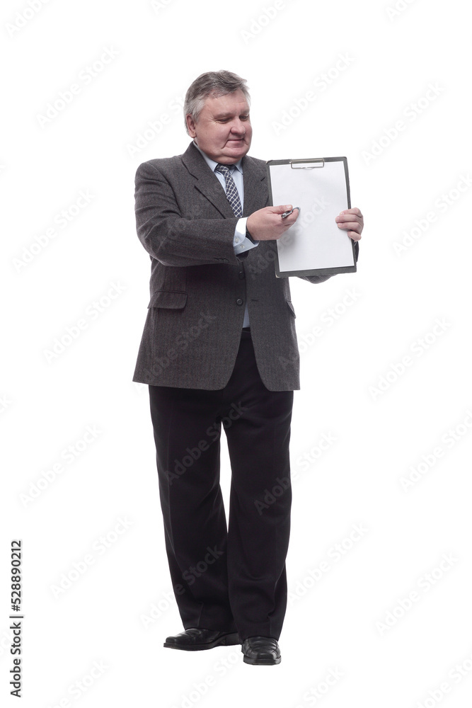 in full growth.friendly business man with clipboard . in full growth.friendly business man with clipboard .