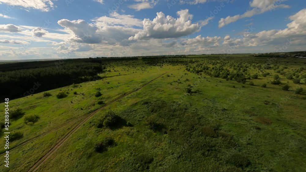 FPV sports drone shot flying over endless amazing sunny field grass plant in green flat terrain. Cinematic aerial drone footage on green meadow. Delightful aerial flight in beautiful countryside. FPV sports drone shot flying over endless amazing sunny field grass plant in green flat terrain. Cinematic aerial drone footage on green meadow. Delightful aerial flight in beautiful countryside.