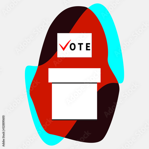 Ballot and ballot box. Red checkmark and text VOTE on paper sheet. Voting-paper falls into square box. Voting at polling station. Make political choice. Use your voice. Holding parliamentary elections photo