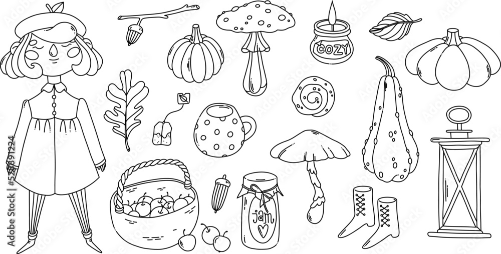 Cozy autumn coloring page elements collection with pumpkins, mushrooms, leaves and girl Cozy autumn coloring page elements collection with pumpkins, mushrooms, leaves and girl