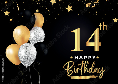 Happy 14th birthday with balloons  grunge brush and gold star isolated on luxury background. Premium design for banner  poster  birthday card  invitation card  greeting card  anniversary celebration.