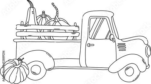 Black contour truck with pumpkins coloring page elements