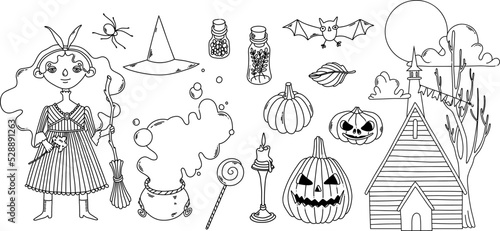 Halloween witch coven black contour elements set for coloring page