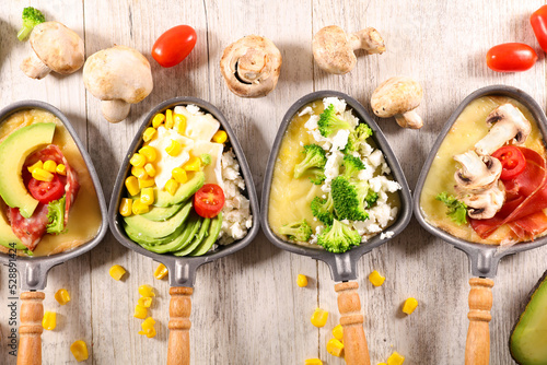 Photography raclette cheese with vegetable- top view