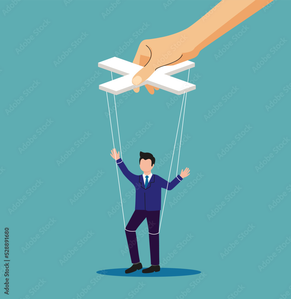 Manipulator’s hand controlling puppet. A puppeteer manipulates a man