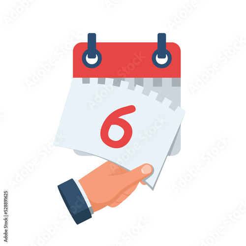 Tear off the calendar sheet. 6 is the date on the calendar. Off date. Deadline concept. Template page. Vector illustration flat design. Isolated on white background.