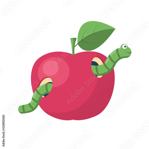 Cute green worm coming out of an apple. Smiling cartoon worm in the apple. Cartoon design. Vector illustration flat style. Isolated on white background.