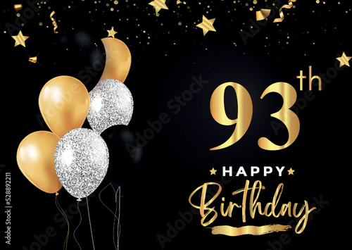 Happy 93th birthday with balloons, grunge brush and gold star isolated on luxury background. Premium design for banner, poster, birthday card, invitation card, greeting card, anniversary celebration. photo