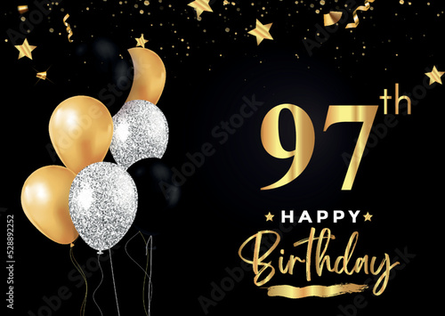 Fototapeta Naklejka Na Ścianę i Meble -  Happy 97th birthday with balloons, grunge brush and gold star isolated on luxury background. Premium design for banner, poster, birthday card, invitation card, greeting card, anniversary celebration.