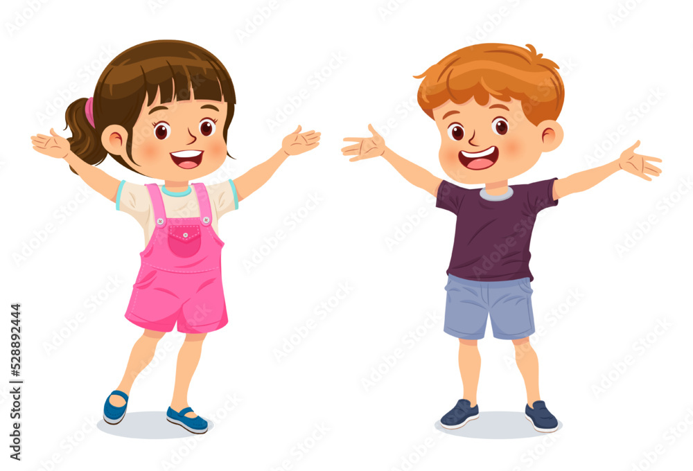 Little boy and girl stand holding their hands up and smiling together Little boy and girl stand holding their hands up and smiling together