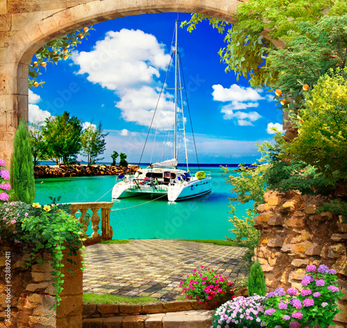 Fototapeta Naklejka Na Ścianę i Meble -  Yacht in the bay. Photo wallpapers. The fresco.