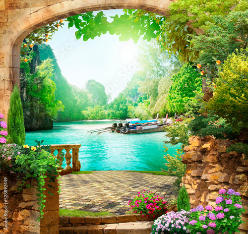 Fototapeta Naklejka Na Ścianę i Meble -  A tropical beach with rocks and boats. Photo wallpapers. The fresco.