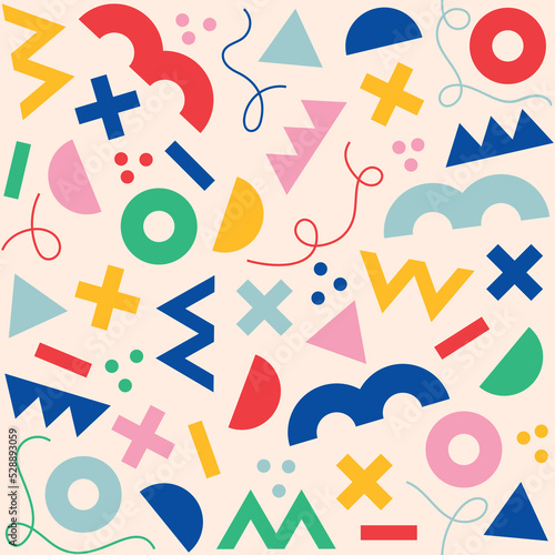 Colorful children seamless pattern. Fun creative trendy background, fashion minimalist design illustration, simple geometric shapes, lines. Simple flat vector doodles for textile, print, сartoon 90s.