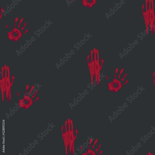 Seamless pattern with bloody hand print on black background. Vector illustration