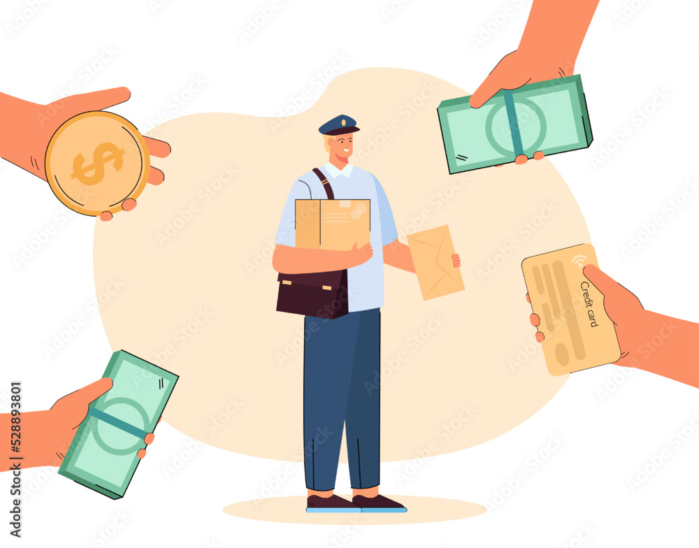 Huge hand giving money to tiny postman with package. People paying for letters and parcels flat vector illustration. Mail, delivery service, payment concept for banner, website design or landing page Huge hand giving money to tiny postman with package. People paying for letters and parcels flat vector illustration. Mail, delivery service, payment concept for banner, website design or landing page