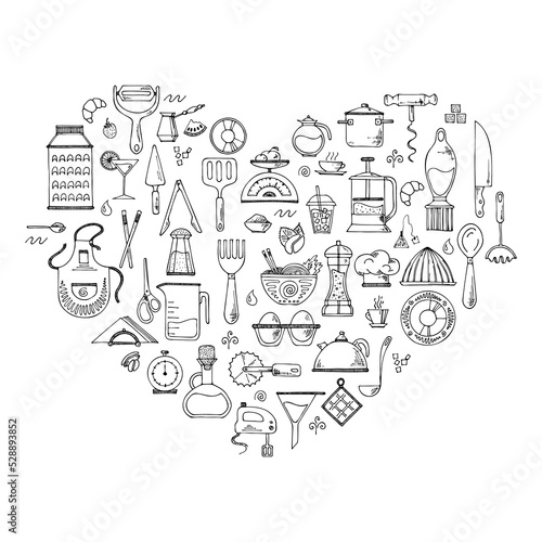 Vector background of kitchen tools. Hand drawn doodle cooking equipments. illustration for restaurant menu, recipe book, and wallpaper.