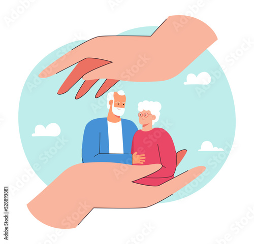 Huge hands protecting cute couple of old people. Happy grandmother and grandfather on big hand flat vector illustration. Elderly care, love, health concept for banner, website design or landing page