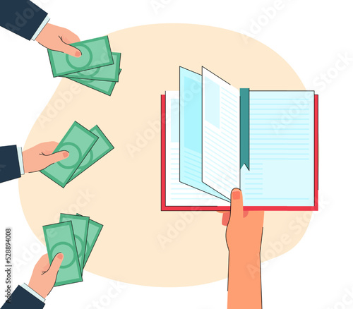 Hand of person holding notebook and hands of people holding cash. People paying mortgage or student loan flat vector illustration. Investment, education, debt concept for banner or landing web page