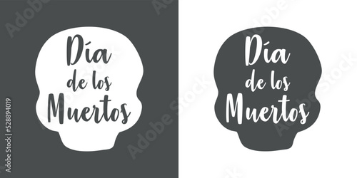Fiesta mejicana. Logo con texto manuscrito Día de los muertos en silueta de calavera en fondo gris y fondo blanco