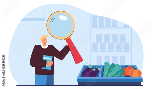 Man with big magnifier examining vegetables in grocery store. Person checking quality of products flat vector illustration. Healthy food, food safety concept for banner, website design or landing page