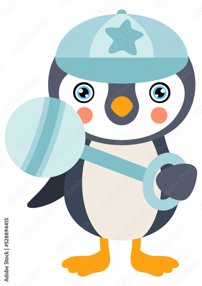 Obraz premium Cute baby boy penguin holding a baby rattle toy