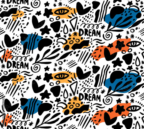 Doodle bold seamless background for teen apparel  abstract text texture  vector black and white wallpaper design