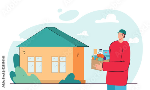 Happy deliveryman delivering food in box to house. Man in cap carrying groceries flat vector illustration. Food delivery, online shopping concept for banner, website design or landing web page
