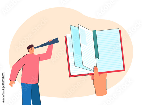 Cartoon man looking at book in huge hand through spyglass. Male character searching for information flat vector illustration. Literature, education concept for banner, website design or landing page