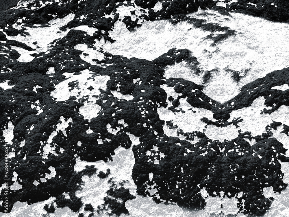 3d illustration, texture of rough black stones with snow