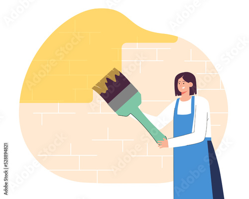 Woman in apron painting brick wall with huge brush. Girl decorating new apartment flat vector illustration. Home renovation, occupation concept for banner, website design or landing web page