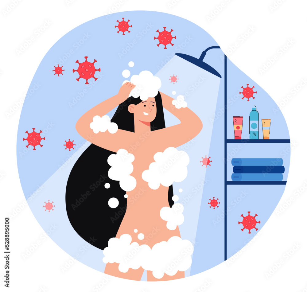 Virus particles floating around woman taking shower. Personal hygiene